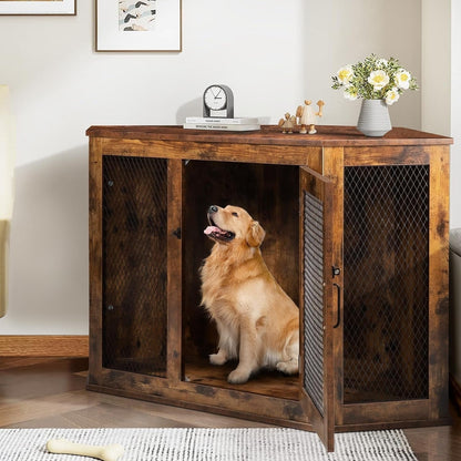 Meuble d'angle pour chien BOSSIN, niche en bois de 44/52 pouces avec filet, niche décorative en bois pour l'intérieur