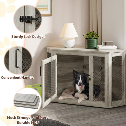 Meuble d'angle pour chien BOSSIN, niche en bois de 44/52 pouces avec filet, niche décorative en bois pour l'intérieur
