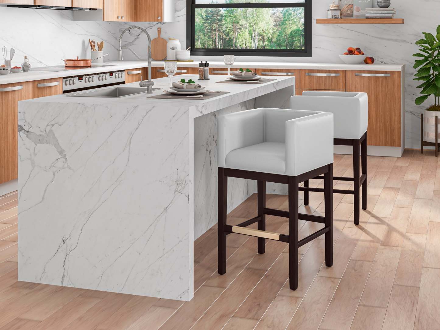 Manhattan Comfort Kingsley 34 Beech Wood Counter Height Barstool - Ivory &amp; Dark Walnut|Tabouret bar Kingsley de Manhattan Comfort de hauteur comptoir de 34 po en hêtre - ivoire et noyer foncé