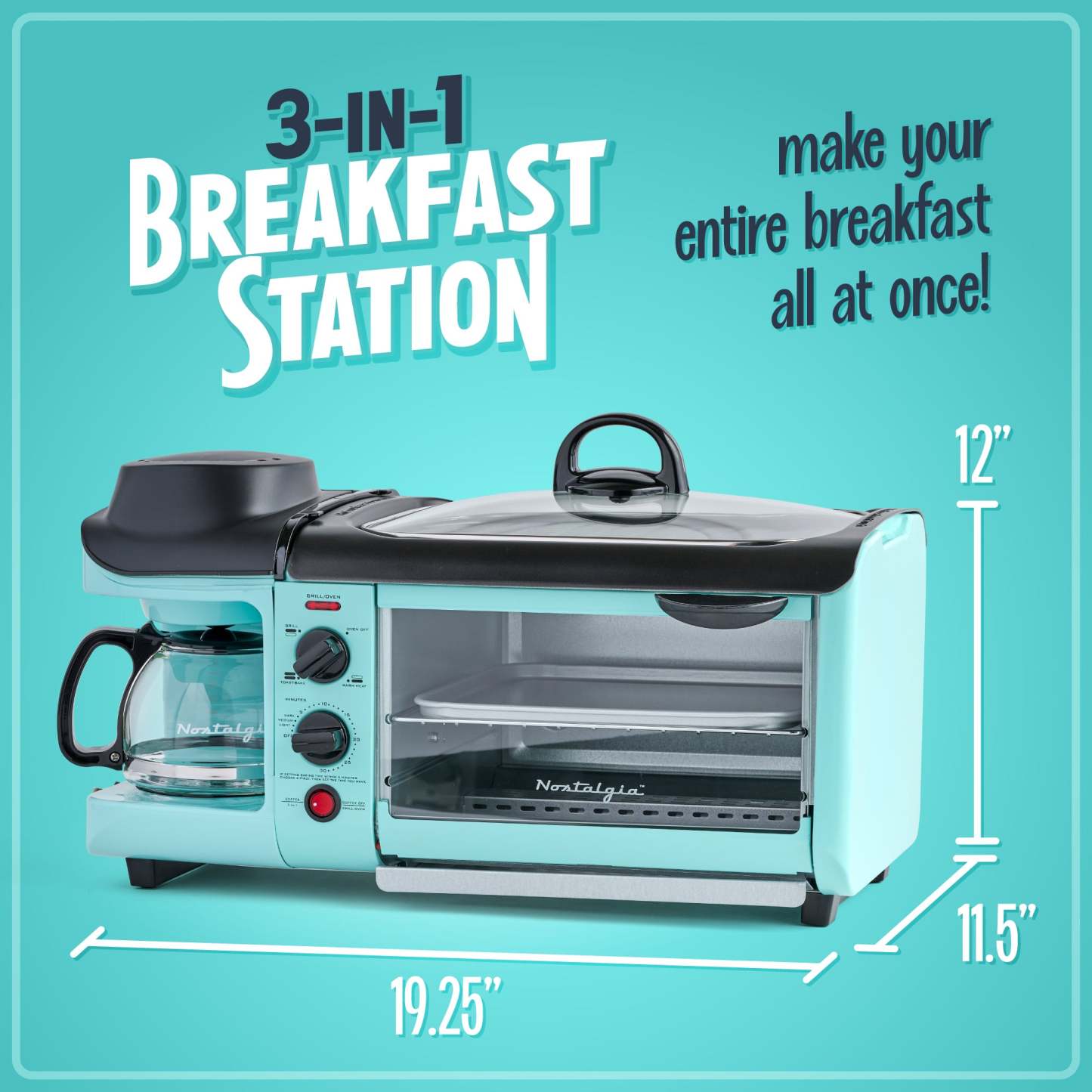 Station déjeuner rétro 3 en 1 de format familial de Nostalgia avec quatre grille-pain turquoise - BST3AQ