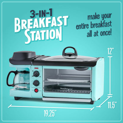Station déjeuner rétro 3 en 1 de format familial de Nostalgia avec quatre grille-pain turquoise - BST3AQ