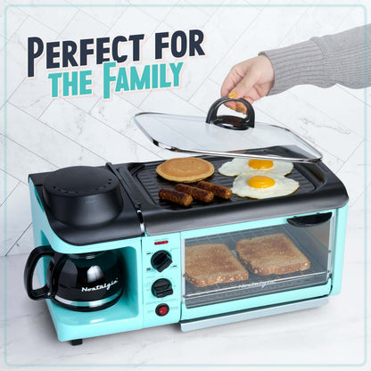 Station déjeuner rétro 3 en 1 de format familial de Nostalgia avec quatre grille-pain turquoise - BST3AQ