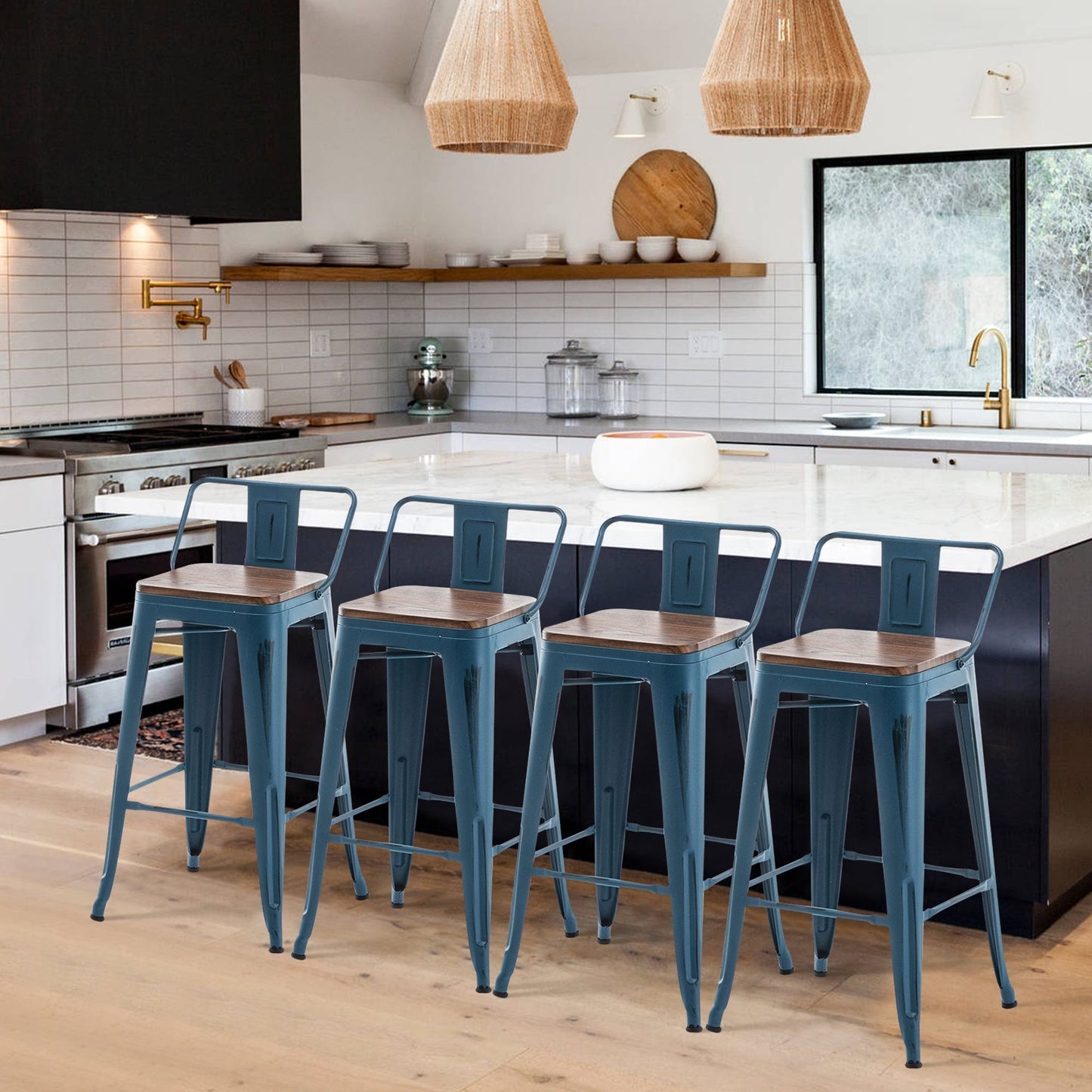 Ensemble de 4 tabourets de bar industriels en métal avec dossier et assise en bois