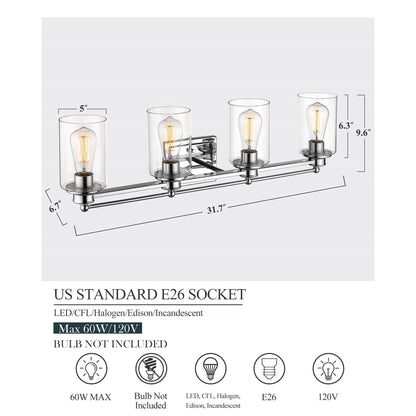 Applique murale pour salle de bain, lampe à placer au-dessus du miroir avec abat-jour en verre transparent