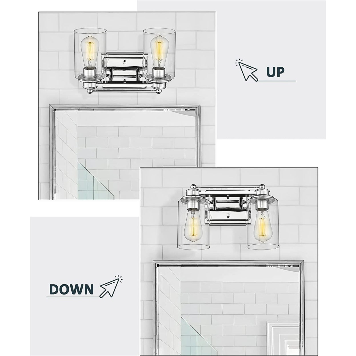 Applique murale pour salle de bain, lampe à placer au-dessus du miroir avec abat-jour en verre transparent