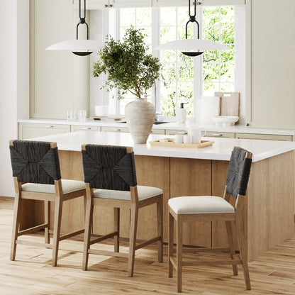 Tabouret de bar bohème Beacon en boucle, chaise de comptoir rembourrée avec structure en bois massif et dossier en jonc de mer tressé