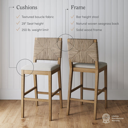 Tabouret de bar bohème Beacon en boucle, chaise de comptoir rembourrée avec structure en bois massif et dossier en jonc de mer tressé