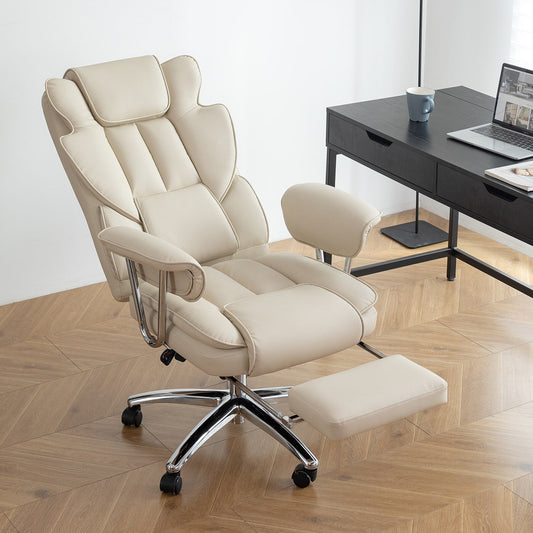 Fauteuil de bureau inclinable ergonomique pivotant à 360° en cuir reconstitué beige avec dossier haut et support lombaire, repose-pieds et hauteur réglable