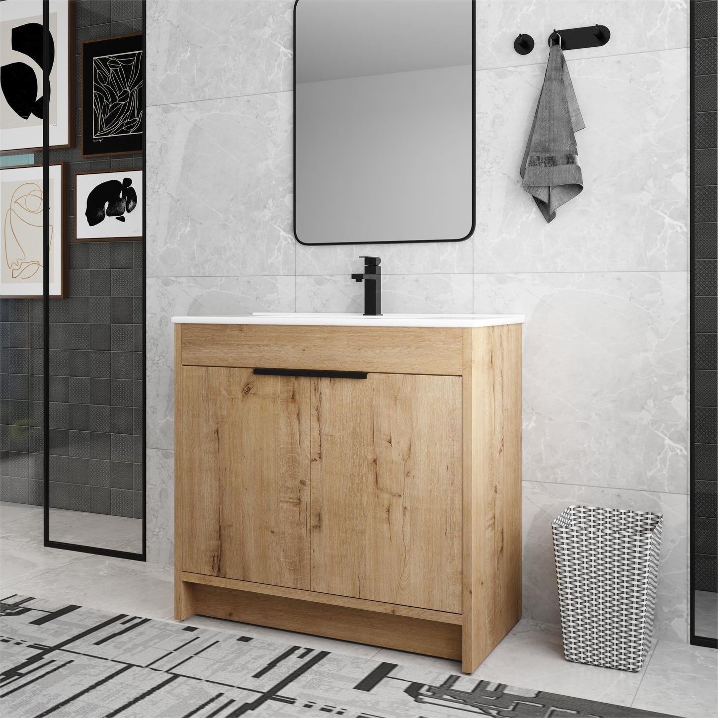 Meuble-lavabo Beingnext 24/30/36 avec vasque, meuble-lavabo autoportant avec porte à fermeture douce et étagère réglable