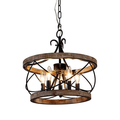 Lustre rustique Bella Depot à 5 lumières en bois avec cage, éclairage à intensité variable, suspension de style ferme réglable de 15,7 pouces pour îlot de cuisine