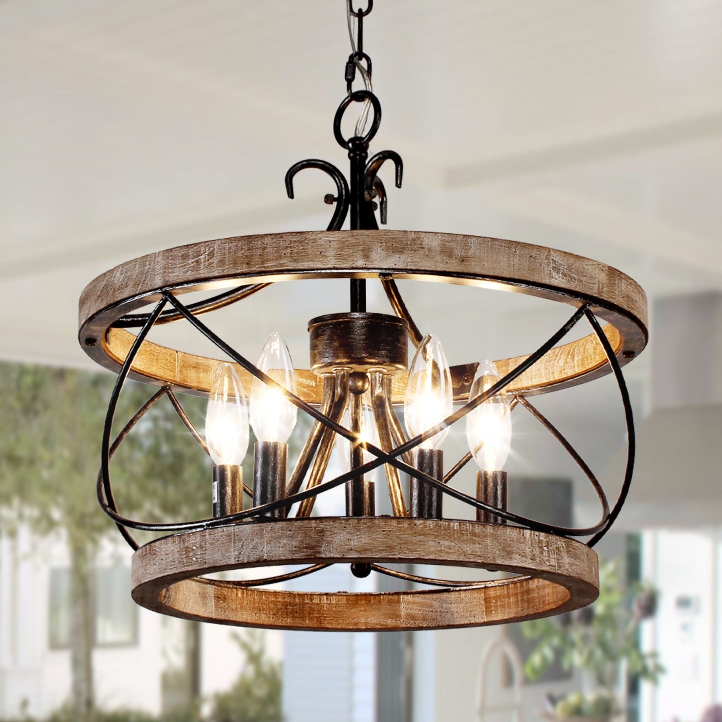 Lustre rustique Bella Depot à 5 lumières en bois avec cage, éclairage à intensité variable, suspension de style ferme réglable de 15,7 pouces pour îlot de cuisine
