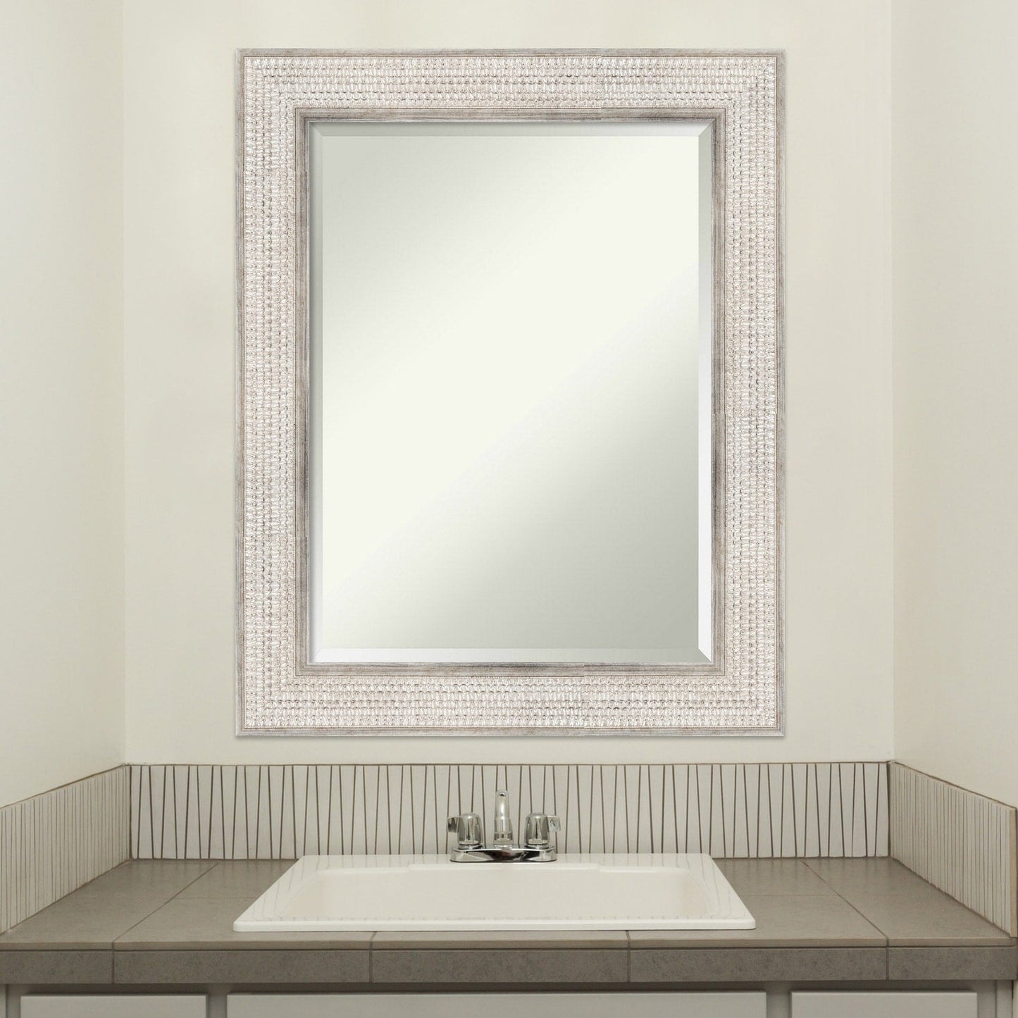 Miroir mural de salle de bain en bois biseauté - Cadre argenté à motif treillis - Argent treillis
