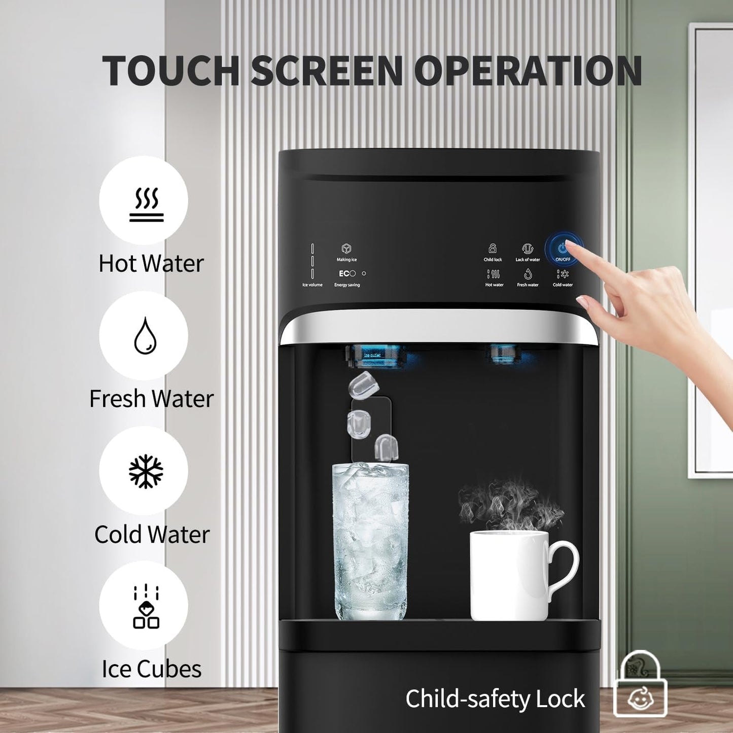 Distributeur d'eau chaude et froide 3 en 1 noir avec machine à glaçons