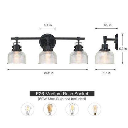 Applique murale noire pour salle de bain avec abat-jour en verre prismatique transparent