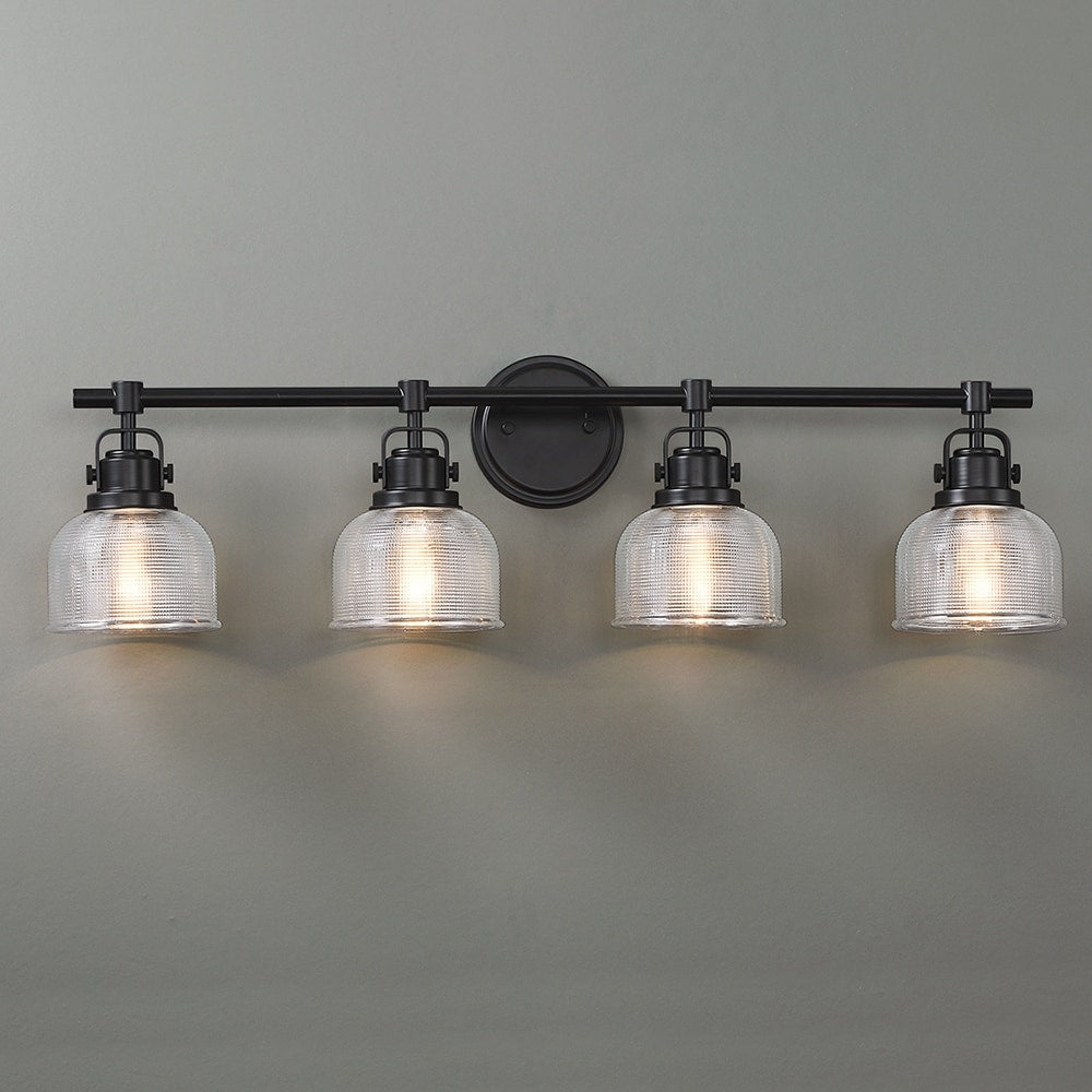 Applique murale noire pour salle de bain avec abat-jour en verre prismatique transparent