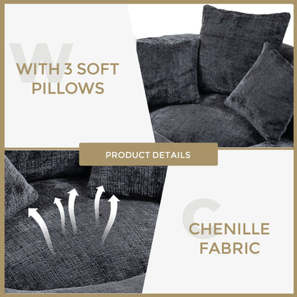 Canapé poire simple surdimensionné en chenille noir de 42,52 pouces avec trois oreillers pour chambre à coucher