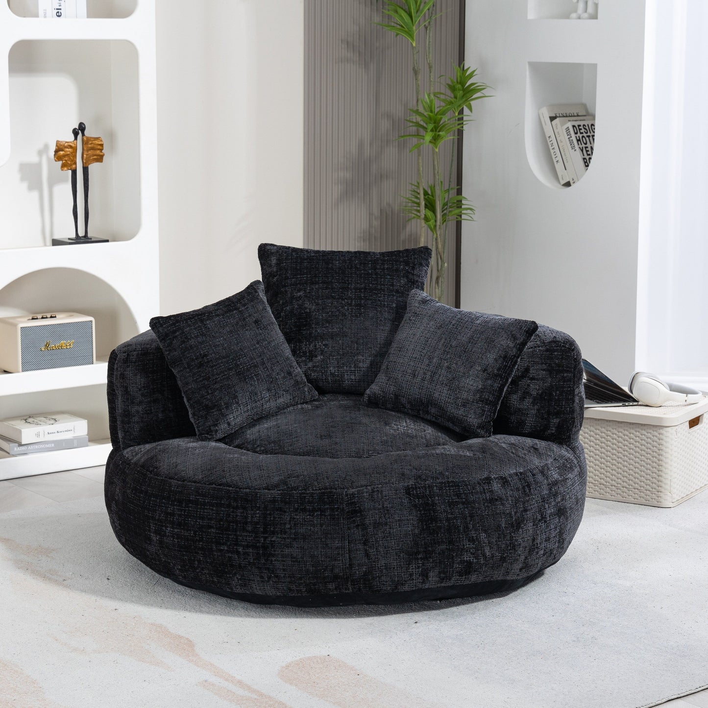 Canapé poire simple surdimensionné en chenille noir de 42,52 pouces avec trois oreillers pour chambre à coucher