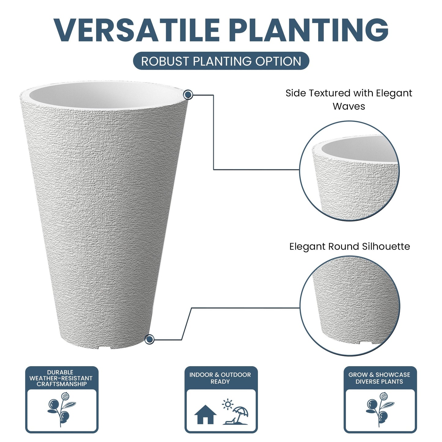 Ensemble de 2 grands pots ronds en plastique noir pour fleurs d'intérieur et d'extérieur