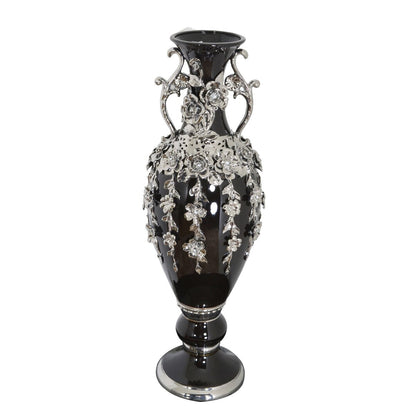 Vase fleuri noir et argent orné de pierres précieuses, 89 cm de haut
