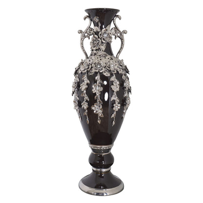 Vase fleuri noir et argent orné de pierres précieuses, 89 cm de haut