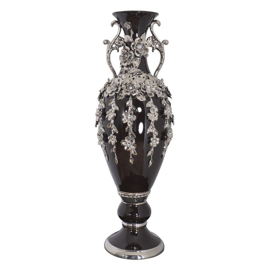 Vase fleuri noir et argent orné de pierres précieuses, 89 cm de haut