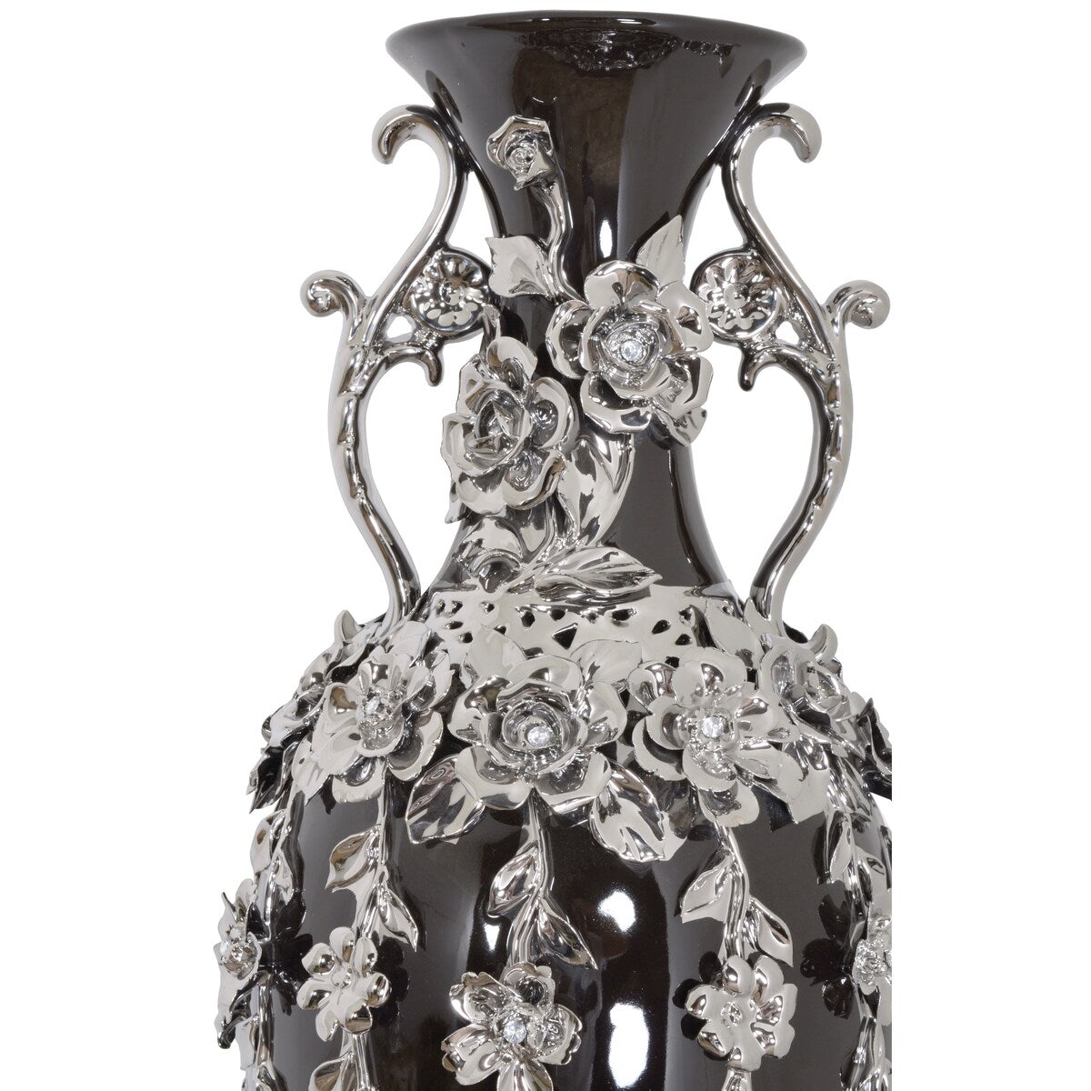 Vase fleuri noir et argent orné de pierres précieuses, 89 cm de haut