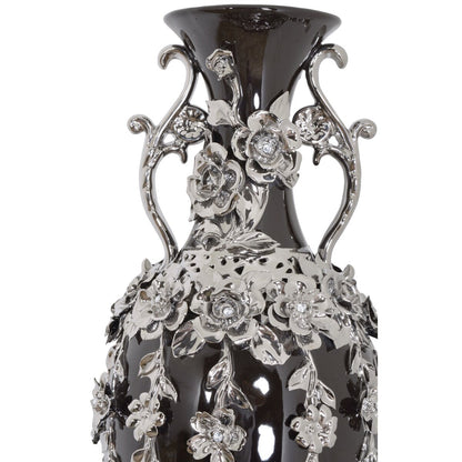 Vase fleuri noir et argent orné de pierres précieuses, 89 cm de haut