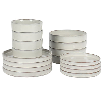 Service de table Bloomhouse Santorini Mist 16 pièces, assiettes et bols à double bol en terre cuite émaillée réactive