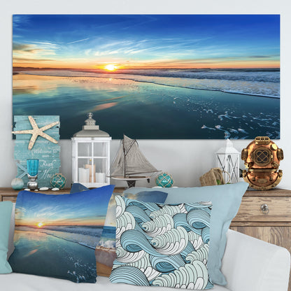 Bord de mer bleu avec coucher de soleil lointain - Tableau sur toile bord de mer