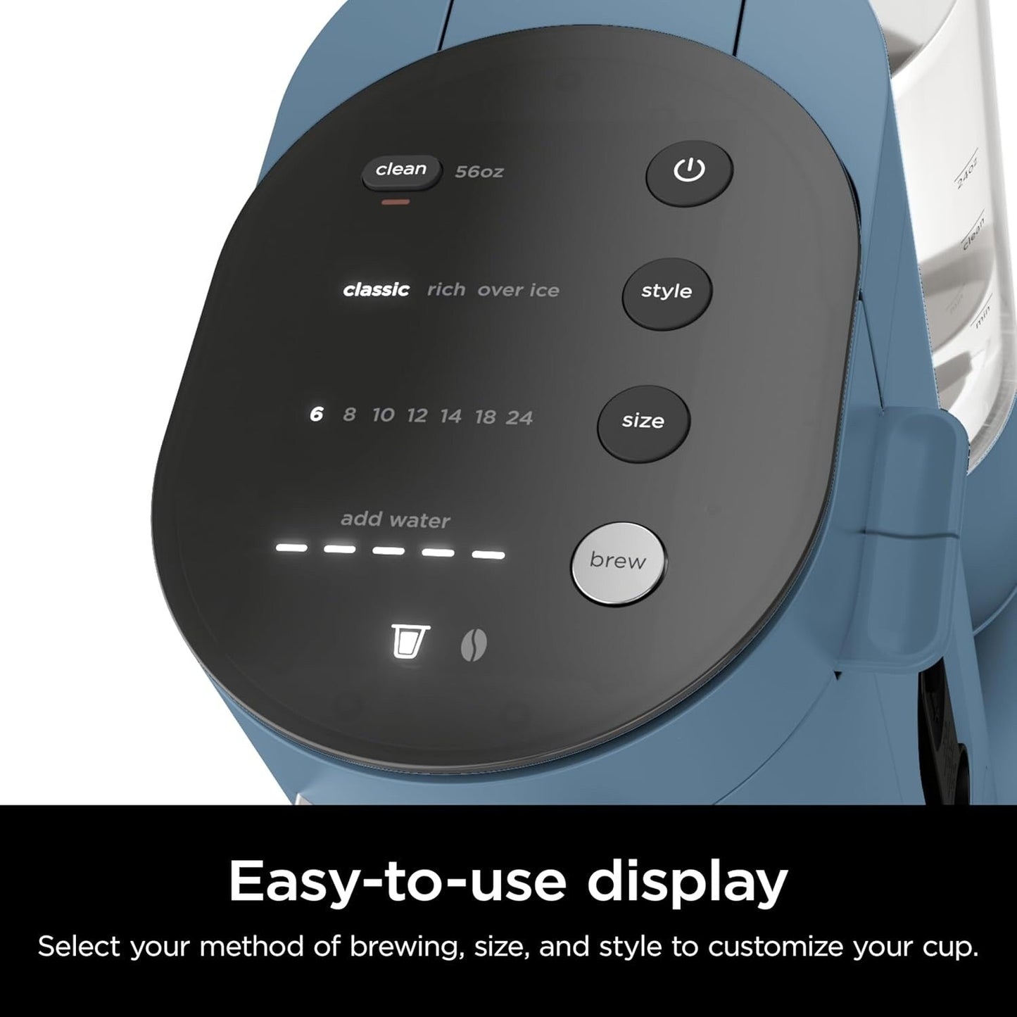 Cafetière individuelle bleue, compatible avec les capsules K-Cup, réservoir de 1,6 L, tailles de préparation de 177 à 710 ml, format compact