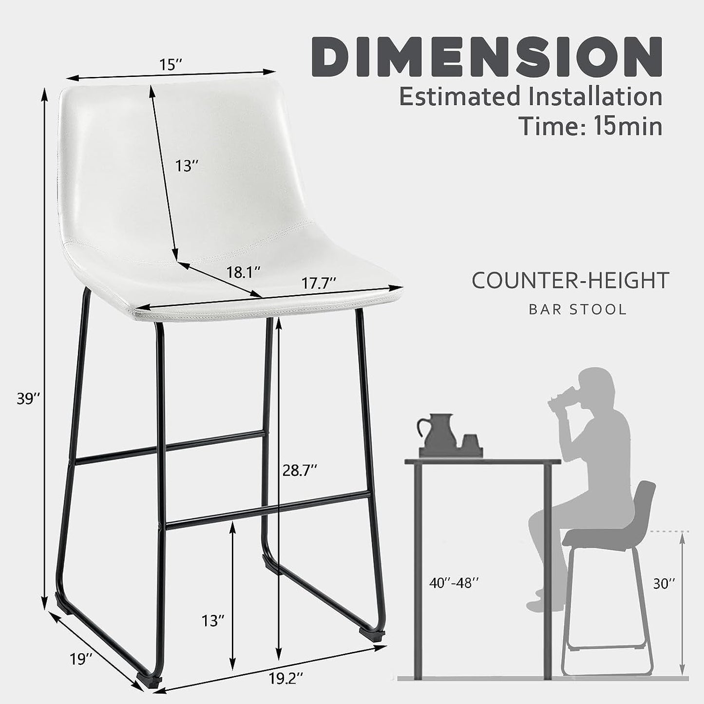 Tabourets de bar Bossin 18/26/30 pouces, tabourets de bar hauteur comptoir avec dossier, tabourets modernes en cuir PU, chaise de salle à manger avec repose-pieds