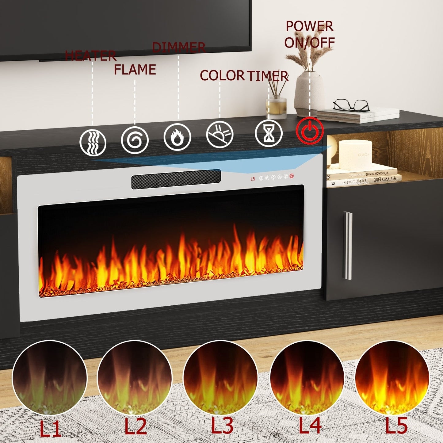 Meuble TV Bossin 70 avec cheminée électrique 36 pouces, compatible avec les téléviseurs jusqu'à 80 pouces, éclairage LED 16 couleurs/centre multimédia