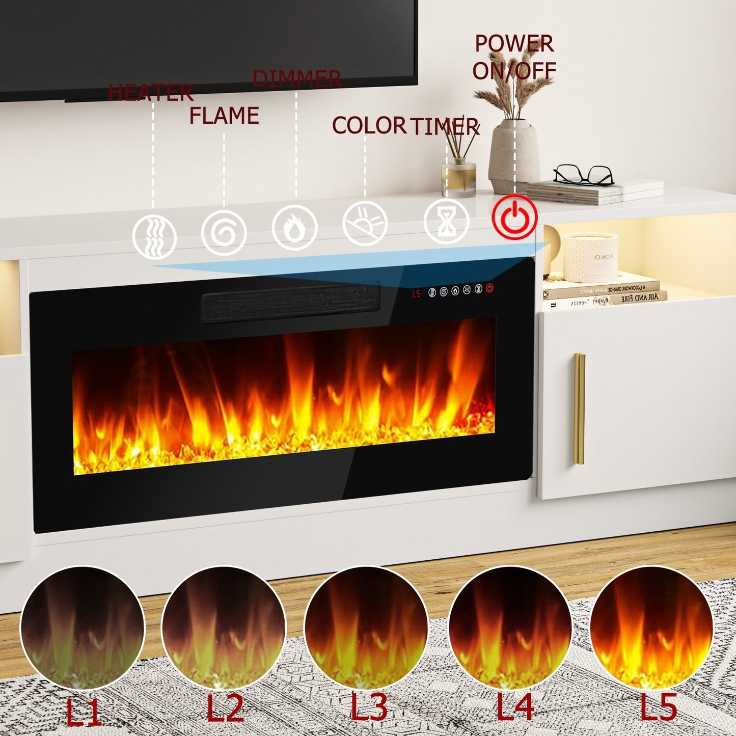 Meuble TV Bossin 70 avec cheminée électrique 36 pouces, compatible avec les téléviseurs jusqu'à 80 pouces, éclairage LED 16 couleurs/centre multimédia