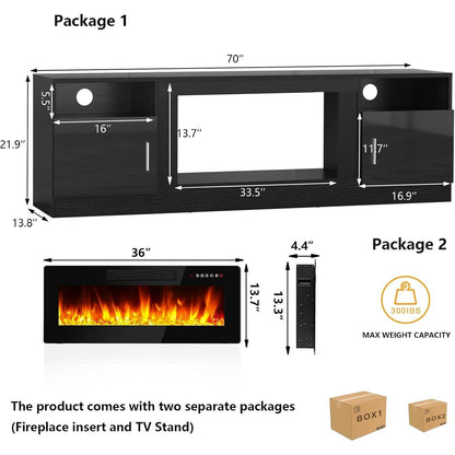 Meuble TV Bossin 70 avec cheminée électrique 36 pouces, compatible avec les téléviseurs jusqu'à 80 pouces, éclairage LED 16 couleurs/centre multimédia