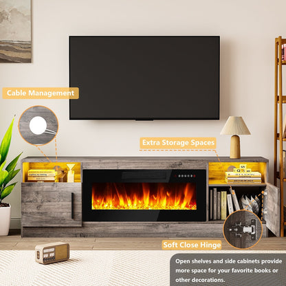 Meuble TV Bossin 70 avec cheminée électrique 36 pouces, compatible avec les téléviseurs jusqu'à 80 pouces, éclairage LED 16 couleurs/centre multimédia