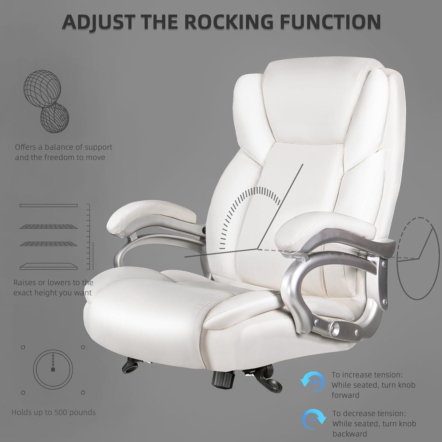 Fauteuil de bureau Bossin pour grandes et moyennes tailles, support lombaire réglable jusqu'à 227 kg, fauteuil ergonomique avec dossier haut en cuir PU pour ordinateur