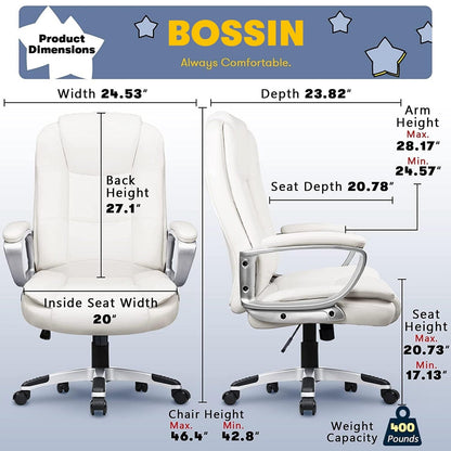 Fauteuil de bureau Bossin pour grandes tailles, dossier haut, fauteuil de direction ergonomique réglable en cuir, capacité 181 kg (400 lbs)