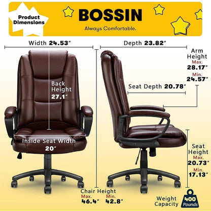 Fauteuil de bureau Bossin pour grandes tailles, dossier haut, fauteuil de direction ergonomique réglable en cuir, capacité 181 kg (400 lbs)