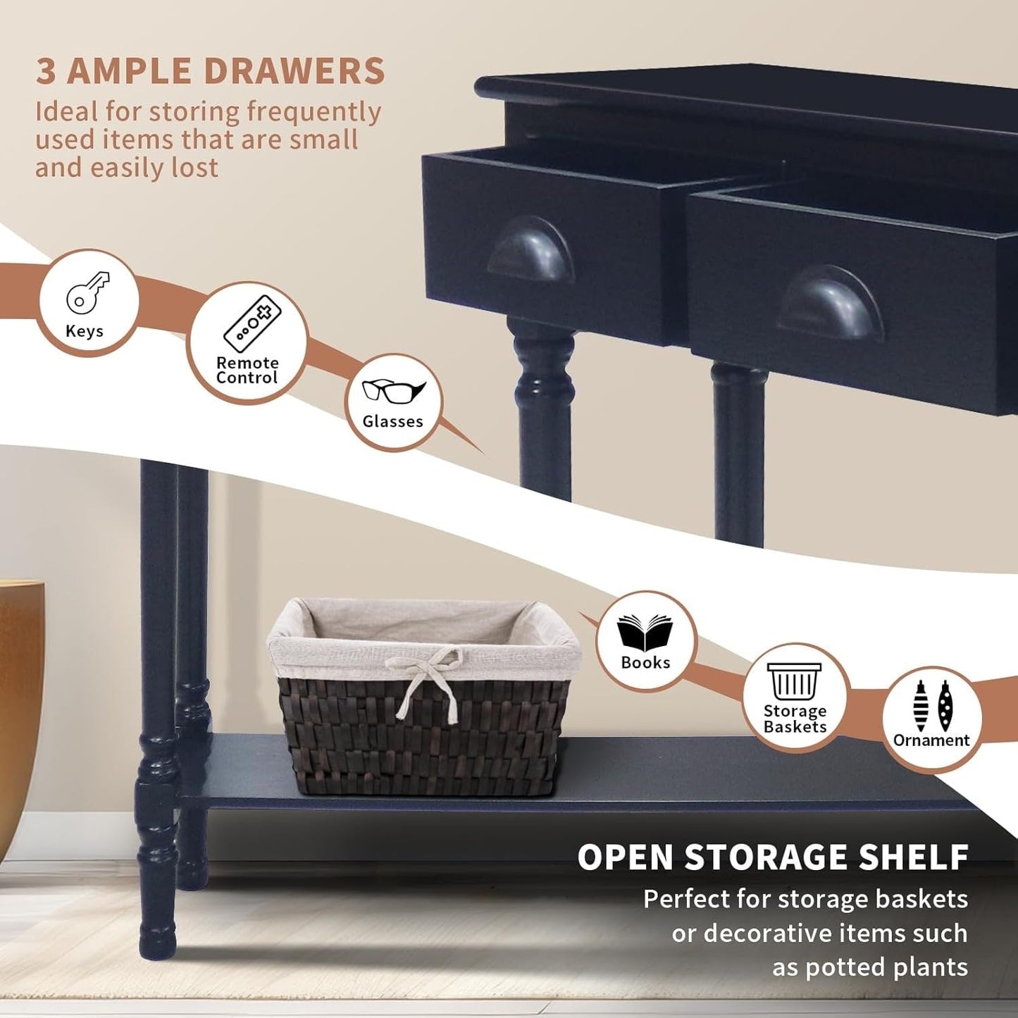 Console de couloir Burlington Wood à 3 tiroirs