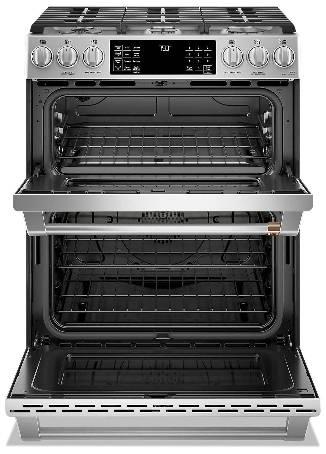 Cuisinière intelligente à gaz Café de 6,7 pi³ avec convection européenne véritable et grilles autone… | Cafe 6.7 Cu. Ft. Smart Gas Range with True European Convection and Self Clean Racks - Stainless Stee…
