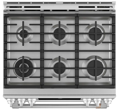 Cuisinière intelligente à gaz Café de 6,7 pi³ avec convection européenne véritable et grilles autone… | Cafe 6.7 Cu. Ft. Smart Gas Range with True European Convection and Self Clean Racks - Stainless Stee…