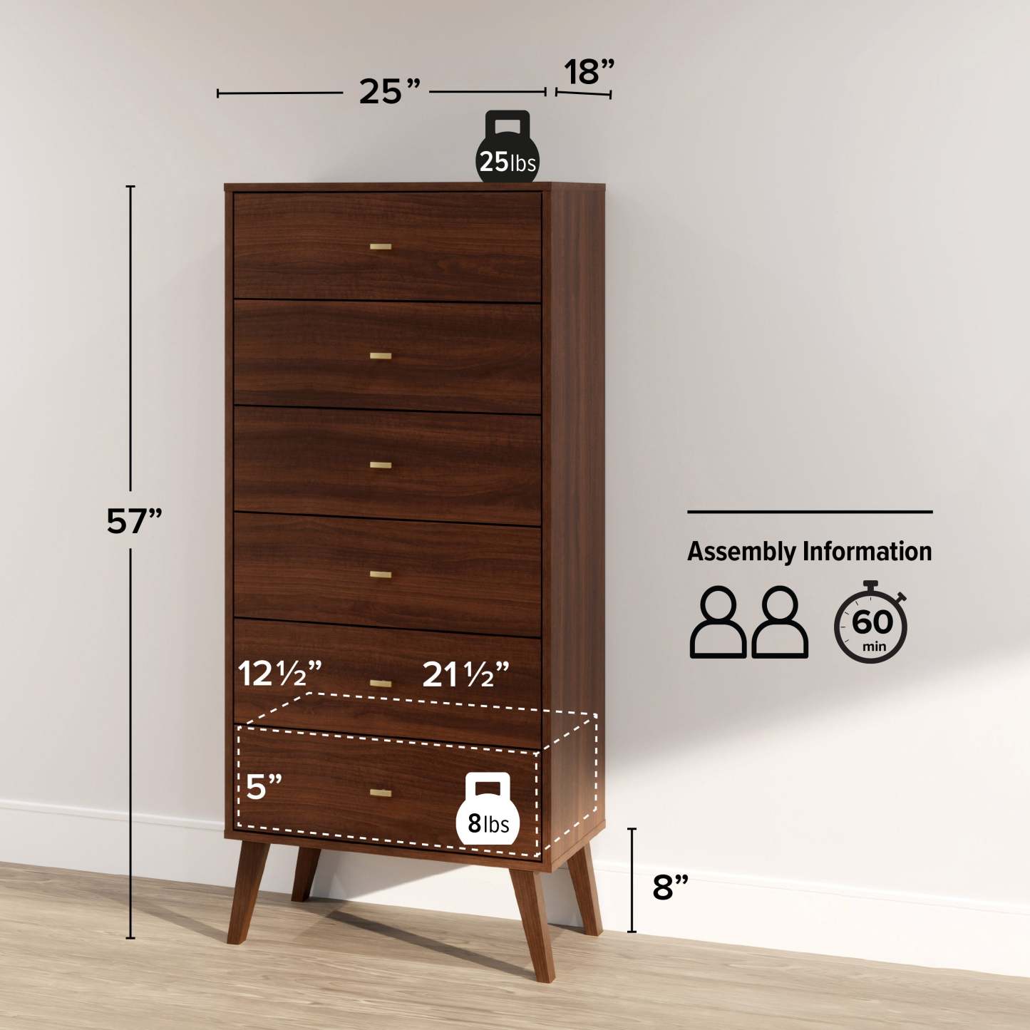 Commode haute Milo à 6 tiroirs - Cerisier|Commode verticale haute Milo à 6 tiroirs - cerisier