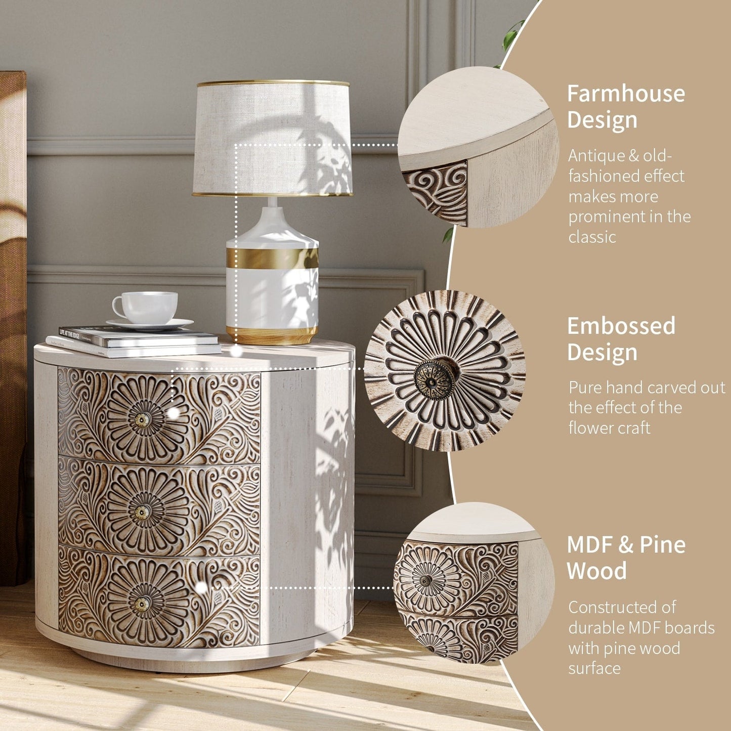 Table de chevet en bois massif marron vintage, motif COSIEST, avec tiroirs