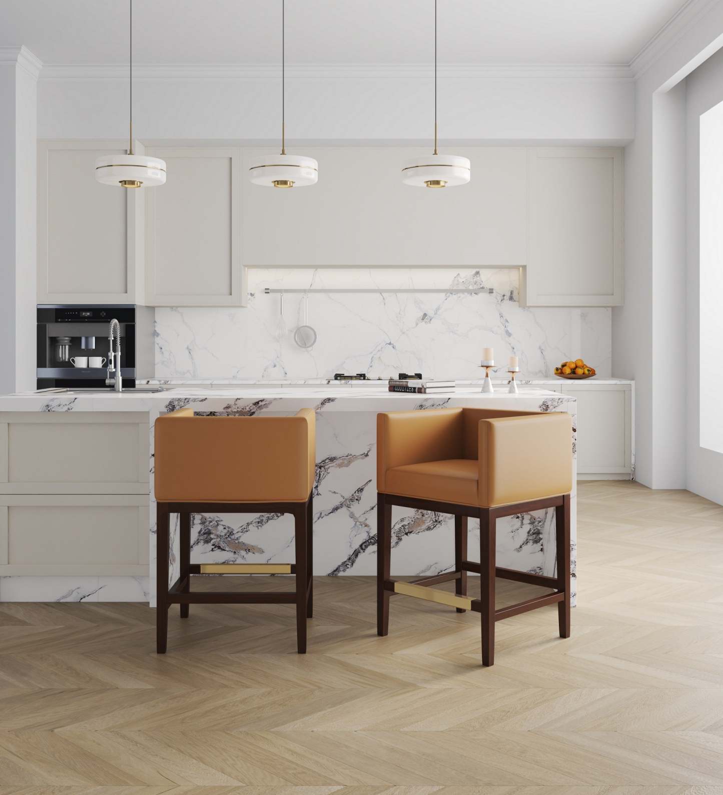 Tabouret de bar Kingsley de Manhattan Comfort de hauteur comptoir de 34 po en hêtre - chameau et noyer foncé