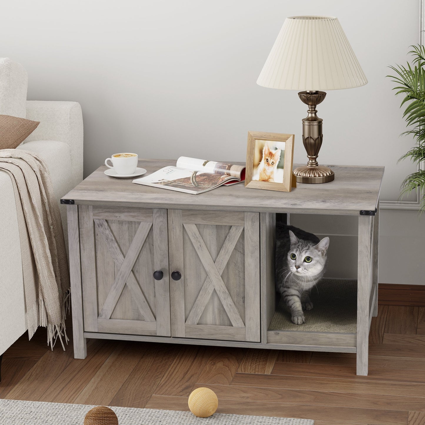 Enclos pour bac à litière pour chat, meuble de salle de bain pour chat en bois dissimulé avec griffoir