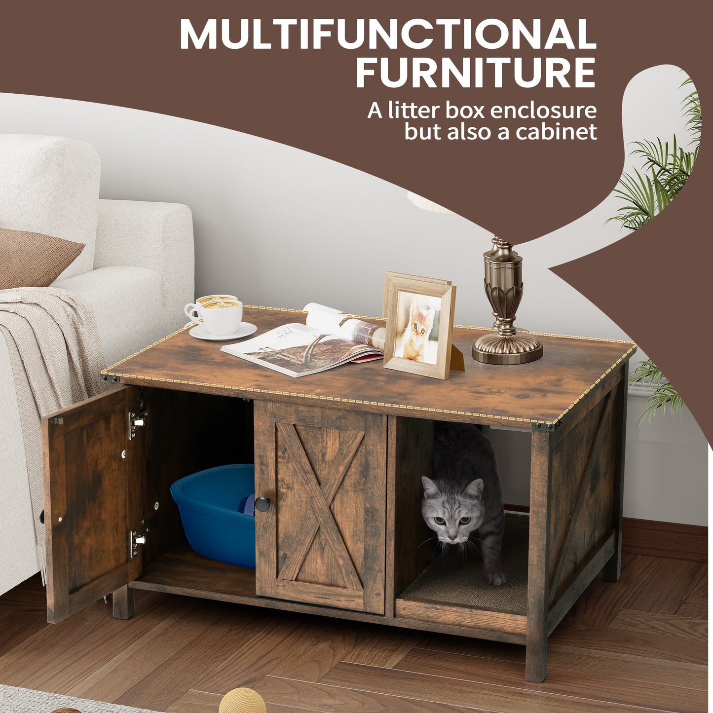 Enclos pour bac à litière pour chat, meuble de salle de bain pour chat en bois dissimulé avec griffoir