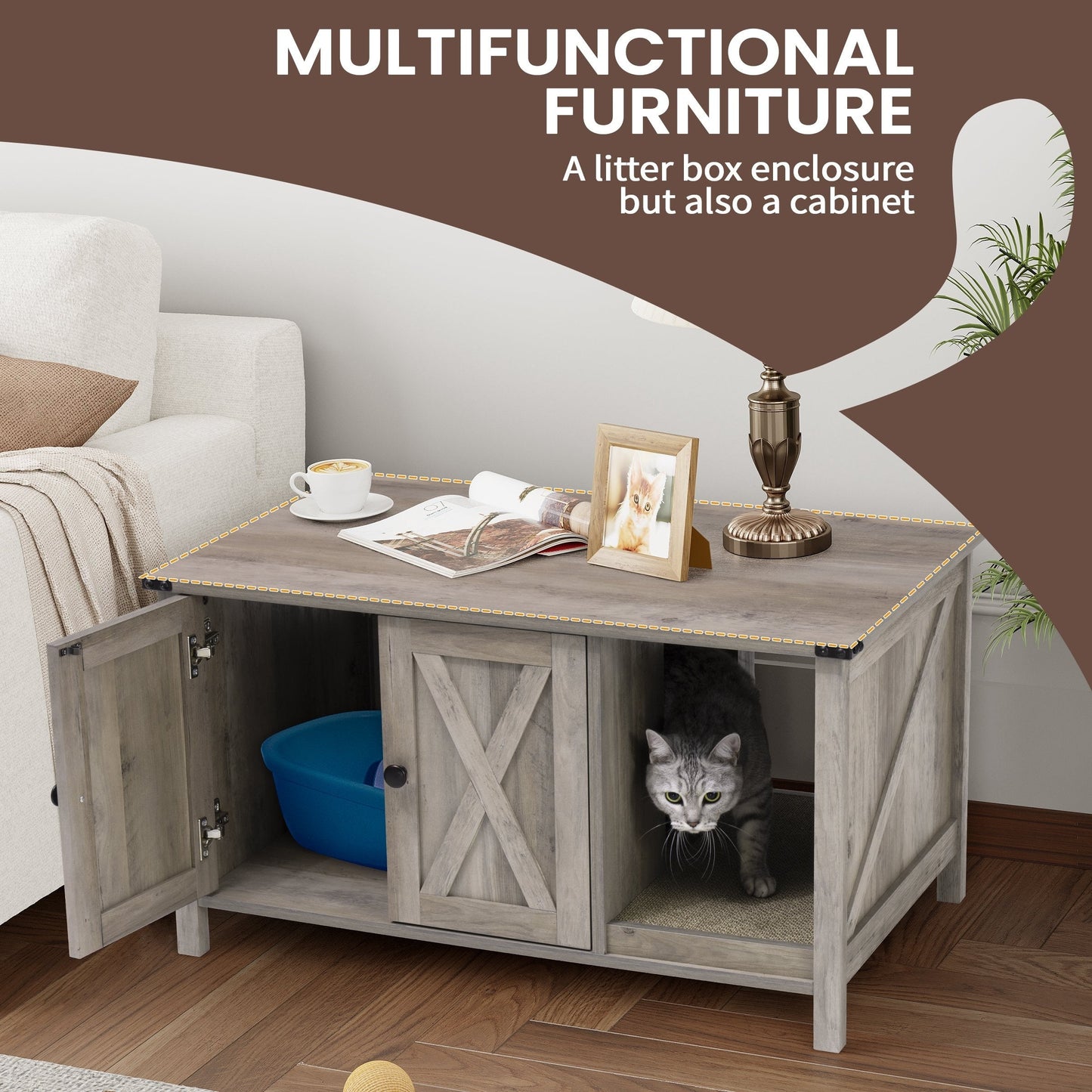 Enclos pour bac à litière pour chat, meuble de salle de bain pour chat en bois dissimulé avec griffoir