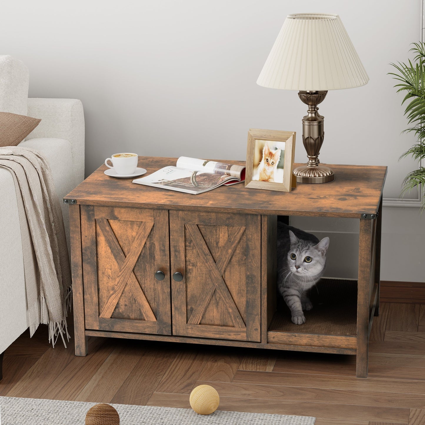 Enclos pour bac à litière pour chat, meuble de salle de bain pour chat en bois dissimulé avec griffoir