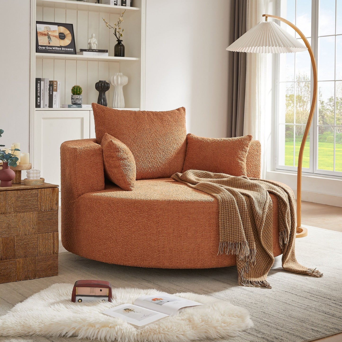 Fauteuil d'appoint en chenille, fauteuil rond avec base pivotante à 360 degrés et 3 coussins amovibles