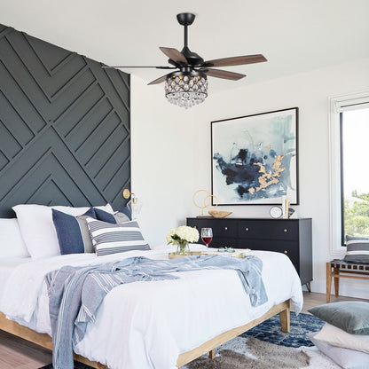 Lustre/ventilateur de plafond à 4 lumières chromé/cristal avec télécommande